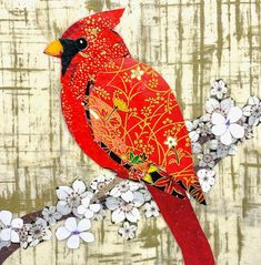 a painting of a red bird sitting on a branch with white flowers in the background