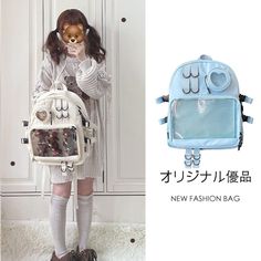 Large Lolita Double Clear Windows Kawaii Anime Backpack White Kawaii Nylon Bag, Large Capacity Blue Harajuku Backpack, White Harajuku Backpack With Large Capacity, White Harajuku Nylon Bags, Large Capacity Kawaii Backpack, Harajuku Style Portable Backpack For Daily Use, Blue Harajuku Style Backpack, Harajuku Style Blue Student Backpack, Harajuku Style Blue Backpack