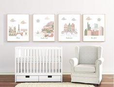 a baby's room with three pictures on the wall