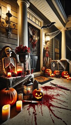 an outdoor halloween scene with pumpkins, candles and decorations on the front porch at night