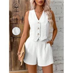 -Item Id 32719282 -Details: Button, Pocket -Neckline: V Neck -Style: Casual -Color: White -Pattern Type: Plain -Outerwear Sleeve Length: Sleeveless -Pants Length: Short -Outerwear Length: Midi -Top Type: Jackets -Pants & Outerwear Material: Woven Fabric -Bottom Type: Shorts -Pants & Outerwear Composition: 82% Viscose, 18% Linen -Outerwear Body: Unlined -Fit Type: Regular Fit -Fabric: Non-Stretch -Care Instructions: Machine Wash Or Professional Dry Clean -Sheer: No **Open To Offers!!!** **Bundle V-neck Vest With Button Closure For Summer, Summer V-neck Vest With Button Closure, White V-neck Vest With Pockets, White Buttoned Tank Top For Work, V-neck Tank Top With Buttons For Summer, Summer V-neck Tank Top With Buttons, White V-neck Vest With Buttons, Chic White Buttoned Tank Top, Summer Workwear Tank Top With Buttons