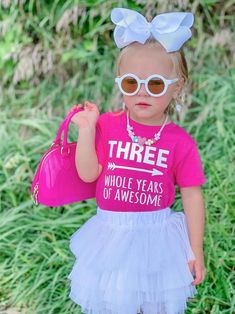 "When it comes to celebrating a 3rd birthday, a plain ol' shirt will never do! If your life has been awesome since your little one entered the world, then the \"THREE Whole Years of Awesome\" shirt will be a perfect match for your her! ------------------------------------------------------------- 3rd Birthday shirt: All shirts are short-sleeve and fit true-to-size (boutique brand) - Long-sleeve shirts are available by special order. Please contact us before ordering. We recommend 30 day lead tim Crucit Ideas, Threenager Party, 3rd Birthday Shirt, Girls 3rd Birthday, Birthday Girl T Shirt, 3 Birthday, Girls Birthday Party Themes, Third Birthday Party, Monster Truck Birthday