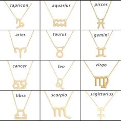 zodiac sign necklaces with names in gold or silver, all on different chain sizes