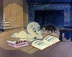 an animated ghost reading a book in front of a fire place with books on the floor