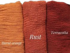 three different colors of yarn with the words rust, terracotta and rust written on them