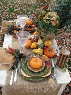 a table set for thanksgiving with pumpkins and gourds