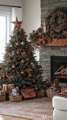 a living room with a christmas tree and presents