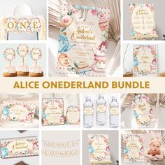 a collage of baby shower items with the words alice onederland bundle on them