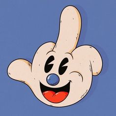 a cartoon character with a blue nose and white hand giving the peace sign in front of his face