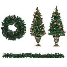 three christmas trees in vases with decorations around them