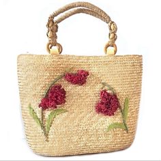 Woven Straw Satchel Features: Natural Straw/ Jute Material Zip Closure Imported Reimagined The Straw Bag That Started It All In New Embroidery & Fresh Appeal For 2019 (And Beyond) Fully Lined Fabric Interior With One Zipper Pocket & A Cell Phone Pocket Nwt Unused Fleur Floral Flourish Red 3d Embroidery Featuring A Bunch Of Red Tulips With Leaves Wooden Ring & Beads Embellished Handles Shoulder Bag Purse Form With Function- Carry All Your Essentials In Style Casual Embroidered Natural Bag, Vintage Red Shoulder Bag For Summer, Red Straw Tote Bag For Spring, Red Tote Straw Bag For Spring, Red Woven Bags For Spring, Red Woven Bag For Spring, Floral Embroidery Shoulder Bag For Summer, Spring Red Embroidered Bag, Casual Red Embroidered Shoulder Bag