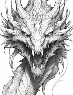 a drawing of a dragon's head with sharp teeth and large, sharp fangs