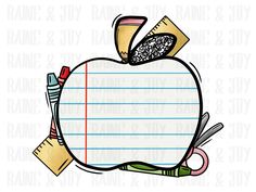 an apple with school supplies on it