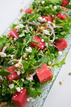 watermelon and feta salad on a glass plate