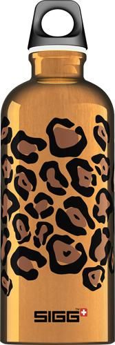 an animal print water bottle with the word sas on it's front and side