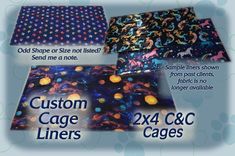 three different types of fabric with the words custom cage liners and 4x4 c & g cages