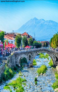 a stone bridge over a river with people walking on it