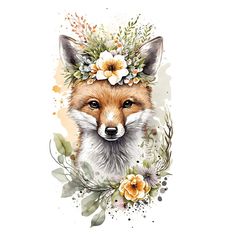 a fox with flowers on its head and leaves around it's neck, in watercolor