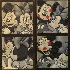 four pictures of mickey and minnie mouses in different stages of being playful with each other