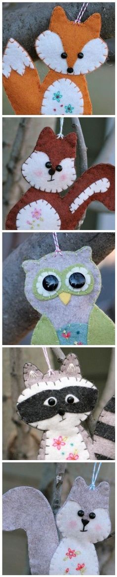 four different pictures of stuffed animals hanging from clothes pins with text overlay that reads, how to sew an owl or raccoli?