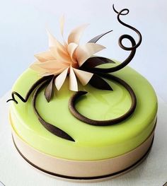 there is a green cake with white flowers on the top and chocolate swirls on the bottom