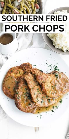 chicken chops on a plate with gravy and mashed potatoes