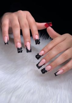 Short Black Nails With Red Bottoms, Cute Red Bottom Nails, Red Bottom Short Nails, French Design Nails Square, Red Bottom Birthday Nails, Black Nail Designs Medium Length, Gelx Inspo Nails Simple, Black And Red Nails Ideas Simple, Birthday Nails Red And Black