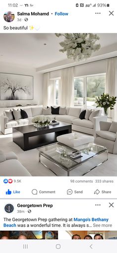 a living room filled with white furniture and lots of pillows on top of it's couches