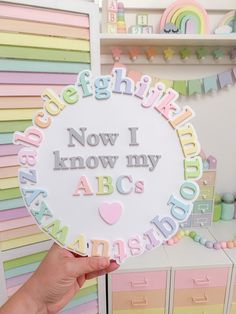 a person holding up a sign that says i now know my abc's