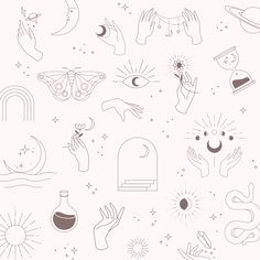 hand drawn symbols on a white background with stars and sunbursts in the sky