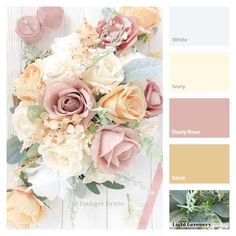 an arrangement of flowers and greenery in shades of pink, yellow, orange, and white