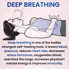 Deep breathing, also known as diaphragmatic breathing or belly breathing, is a relaxation technique that involves taking slow, deep breaths to reduce stress and improve overall well-being. It involves the use of the diaphragm, a large muscle located between the chest and abdomen, to control breathing. Deep Breathing, Home Health Remedies, Health And Fitness Articles, Good Health Tips, Lower Blood Pressure, Physical Health