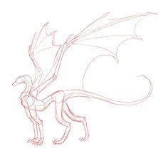 a drawing of a dragon with wings and tail, standing on one leg in the air