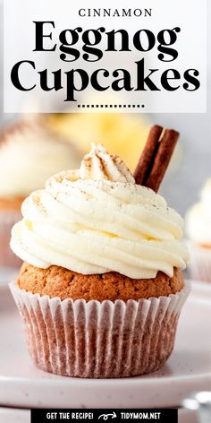 an eggnog cupcake with white frosting and cinnamon on top