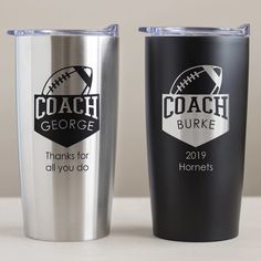 two personalized stainless steel tumblers, one with football and the other with coach george thanks for all you do