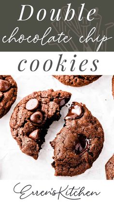 double chocolate chip cookies on parchment paper with text overlay