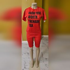 Women's Letter Printed Crew Neck Two-Piece Summer Short Pants Set In Multiple Sizes (Available Sizes Are Med,Lg,Sm) Fabric Has Slight Stretch Item Fits Smaller Than It's Actual Size So (Fit Varies) Shorts Are Biker Style Rubber In Tge Waist Knee-Length Brand New Never Worn Have In Hand To Sell Will Ship Asap.(Mannequin Is Wearing A Sm) Casual Red Stretch Sets, Red Stretch Bottoms With Letter Print, Casual Red Sets With Graphic Print, Summer Short Pants, Know Your Worth, Biker Style, Bike Shorts, Summer Shorts, No Brand