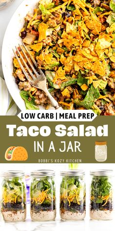 Taco Salad in a Jar (Low Carb) Mason Jar Salads Low Carb, Mason Jar Taco Salad, Jar Lunch Ideas, On The Go Meal Prep, Taco Salad In A Jar, Jar Meal Prep, Thm Salads, Low Carb Taco Salad