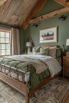 a bedroom with green walls and wooden beams