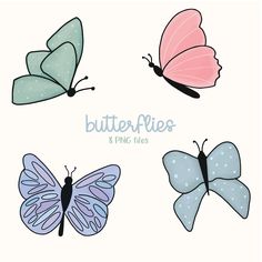 four butterflies with different colors and sizes on the wings, one pink, one blue