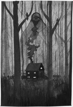 a black and white drawing of a house in the woods with an evil looking face