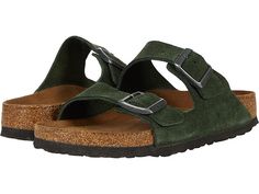 Birkenstock Arizona Soft Footbed - Suede (Unisex) - Sandals : Mountain View Suede : Understanding Widths: The Regular icon (outlined foot) accommodates Regular to Wide. The Narrow icon (filled in foot) accommodates Narrow to Regular widths. Relax and slip into the comfort that is the suede Arizona Soft Footbed slip-on sandal, your feet will thank you! Two adjustable buckles for a custom fit. A raised toe bar is designed to encourage the natural gripping motion of your feet. Suede-lined, contoure Casual Slip-on Footbed Sandals With Suede Lining, Comfortable Suede Slip-on Slides, Suede Sandals With Leather Footbed And Slip-on Fit, Suede Slip-on Sandals With Leather Footbed, Comfortable Suede Slides With Leather Footbed, Suede Slides With Cork-bed Midsoles, Suede Slip-on Slides With Textured Footbed, Green Suede Sandals With Leather Footbed, Casual Slides With Suede Lining And Round Toe