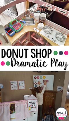 an image of a dollhouse with the words donut shop dramatic play