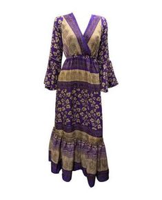 Material: 70% Silk & 30% Viscose  ( Recycled sari/saree fabric) Bust: 40'' Length: 52'' Sleeve Length: 22'' - Boho - Tiered maxi - Smock dress - Cross over neckline -Deep V-neck - Flowy - Ruffle hem - Butterfly sleeves - Abstract/paisley prints - Retro chic - Spring / Summer festival - RECYCLED SARI FABRIC RJ45 Bohemian Maxi Dress With Pallu For Festivals, Bohemian Maxi Dress With Pallu For Festive Season, Festive Bohemian Maxi Dress With Pallu, Festive Bohemian Purple Dress, Bohemian Long Sleeve Bandhani Print Dresses, Abstract Paisley, Sari Fabric, Saree Fabric, Butterfly Sleeves