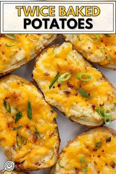 twice baked potatoes on a white plate with text overlay