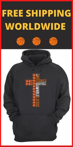 a black hoodie with an orange cross and basketballs on it that says free shipping world