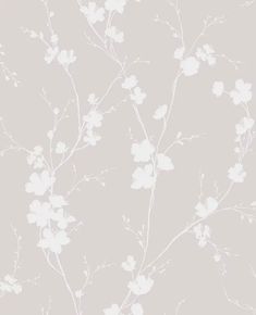 a wallpaper with white flowers and leaves on grey background, suitable for use in interior design