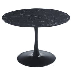 a black marble table with an oval base and round top, on a white background