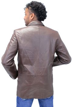 Men's chocolate brown leather jacket on sale at a great price. A men's blazer made of ultra soft top gain lambskin leather. This classic brown men's leather coat has features that include the notch collar, two or three button front, and inside chest pocket. This premium leather blazer also comes with two front lap pockets, one left chest handkerchief pocket and a light polyester filled satin lining. A true classic look at a great price. Jamin Leather® quality brand. Sizes: S, M, L, XL, 2X, 3X, 4 Lambskin Leather Blazer, Formal Brown Single-breasted Leather Jacket, Long-sleeved Leather Sport Coat With Pockets, Brown Leather Button-up Outerwear, Brown Single-breasted Outerwear With Lapel Collar, Brown Leather Jacket Men, Leather Single-breasted Outerwear With Lapel Collar, Mens Leather Coats, Leather Travel Bag