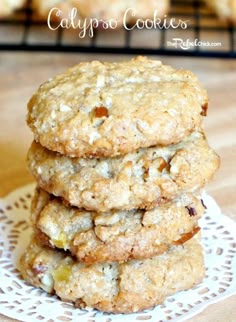 three cookies stacked on top of each other with the words calypso crunch cookies